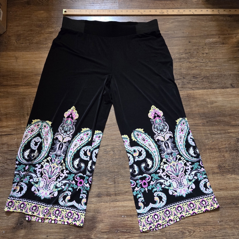 INC Cropped Wide Pants Black Bright Geometric Print Paisley Size PL Petite Large